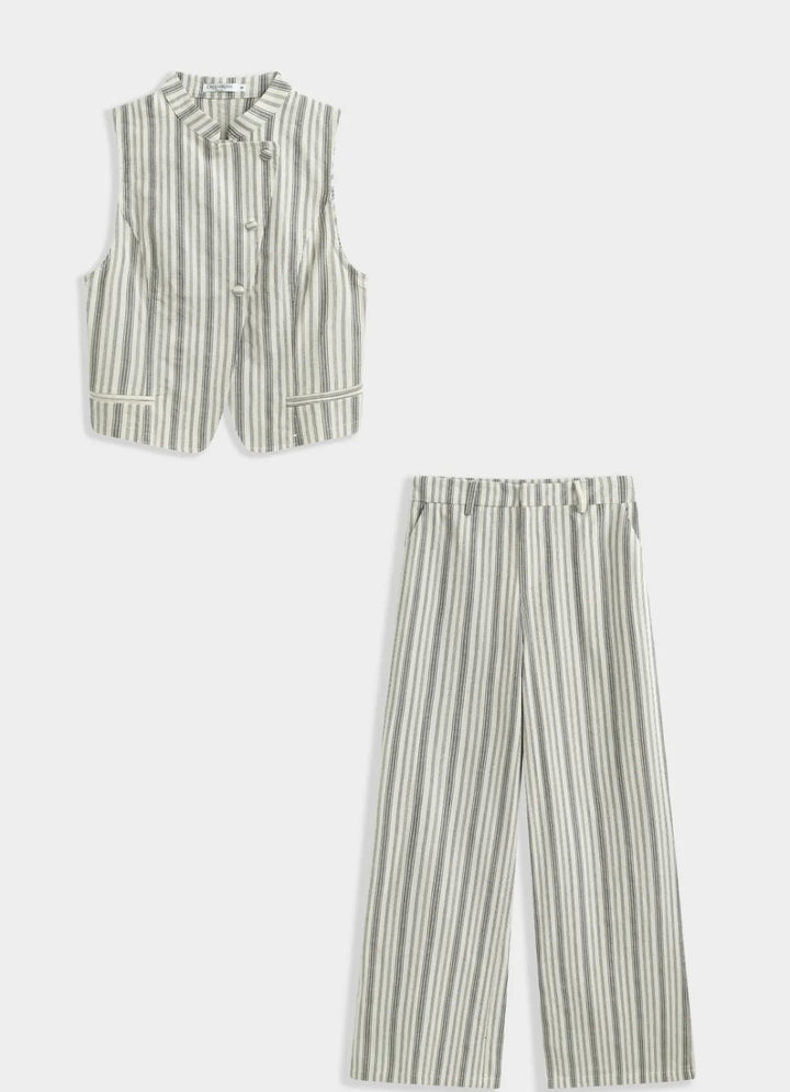 Ensemble gilet asymétrique et pantalon large en lin
