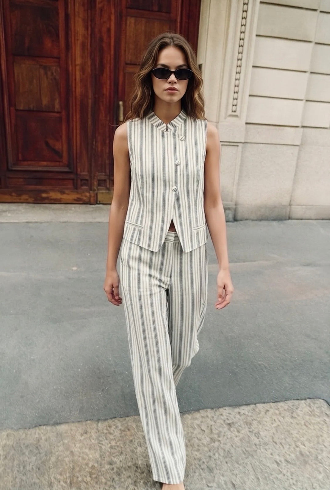Ensemble gilet asymétrique et pantalon large en lin